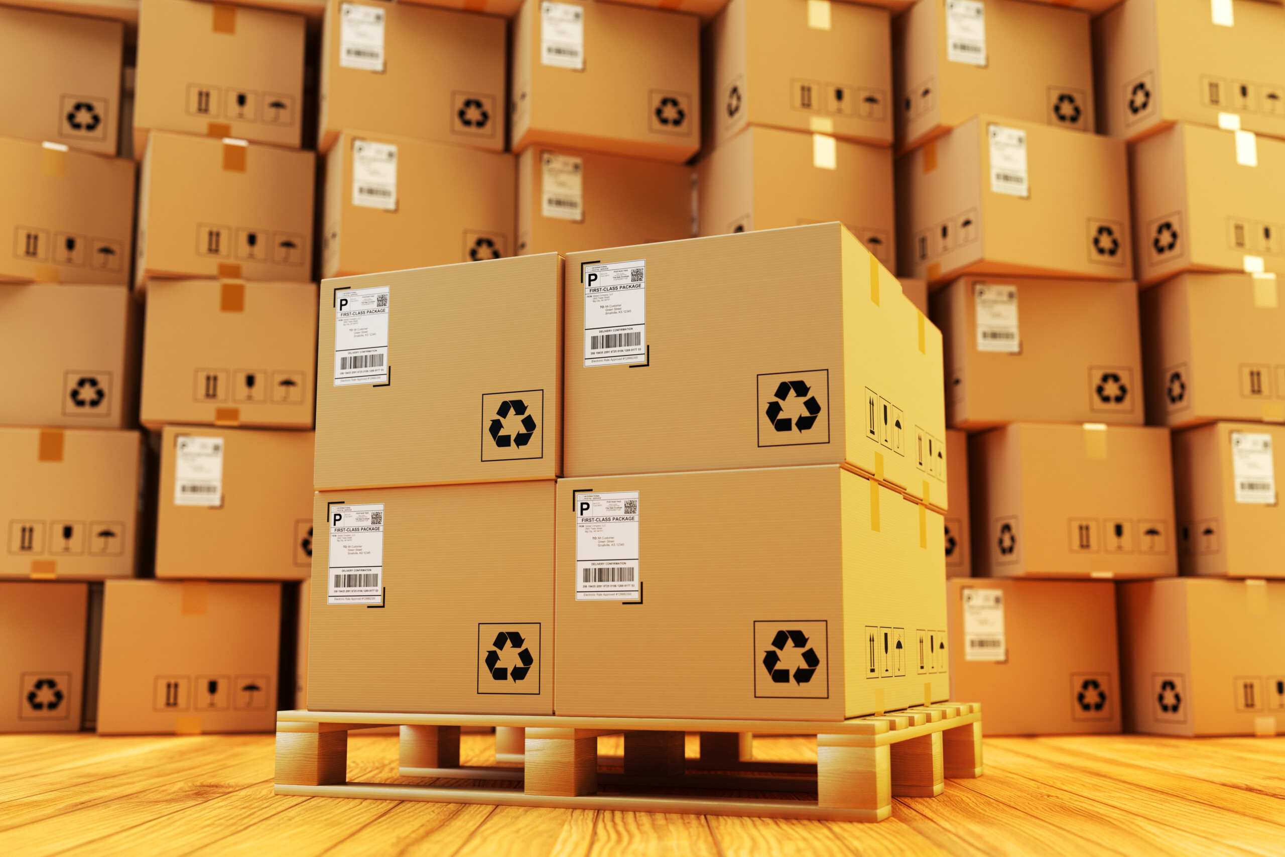 Distribution warehouse, package shipment, freight transportation and delivery concept