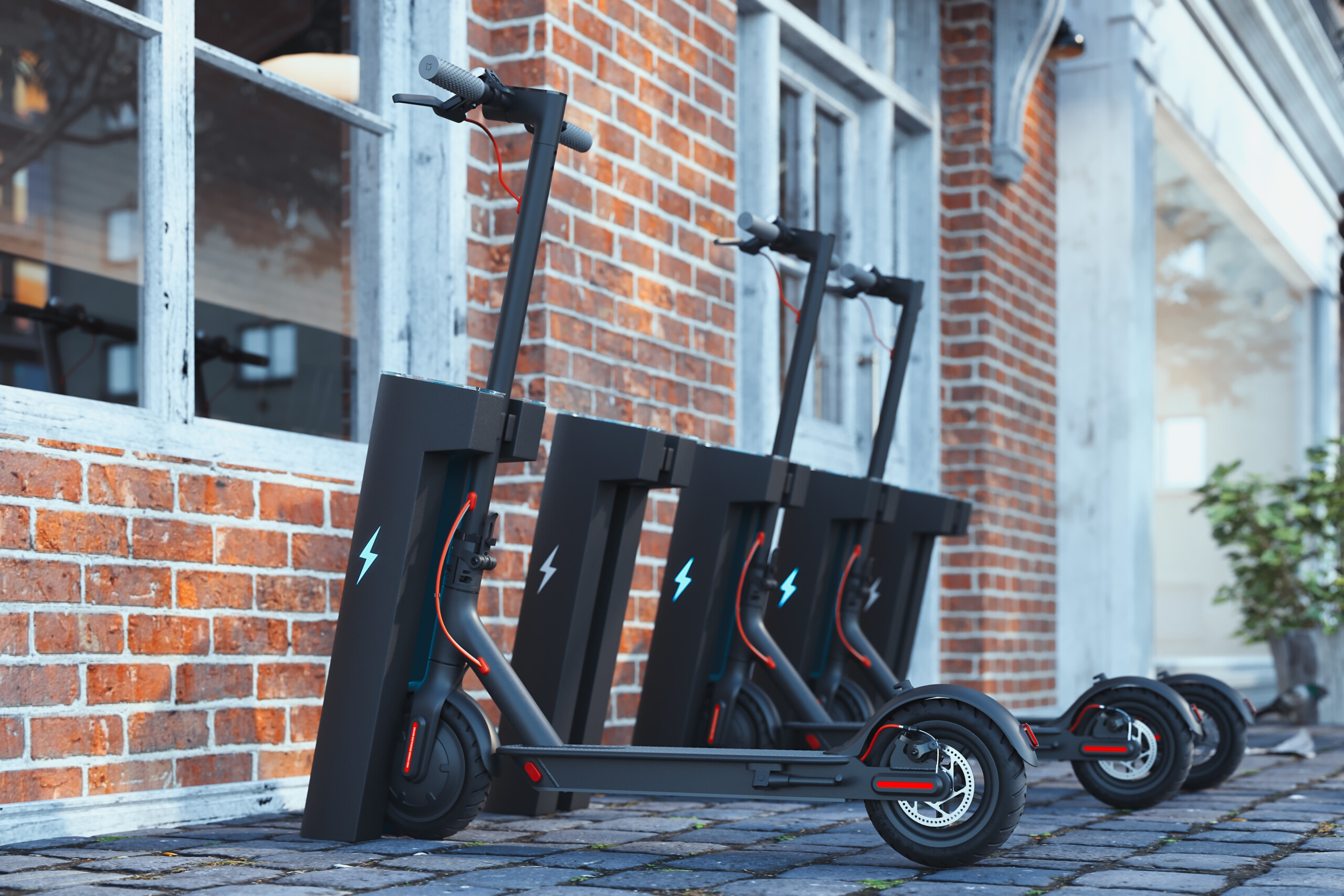 Electric scooter with electric chargeron cityscape. eco alternative transport concept. 3d rendering.